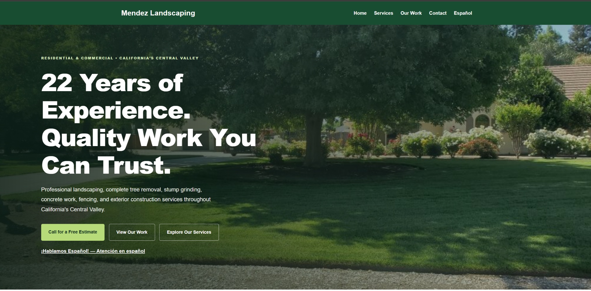 Screenshot of the Mendez Landscaping and Construction homepage